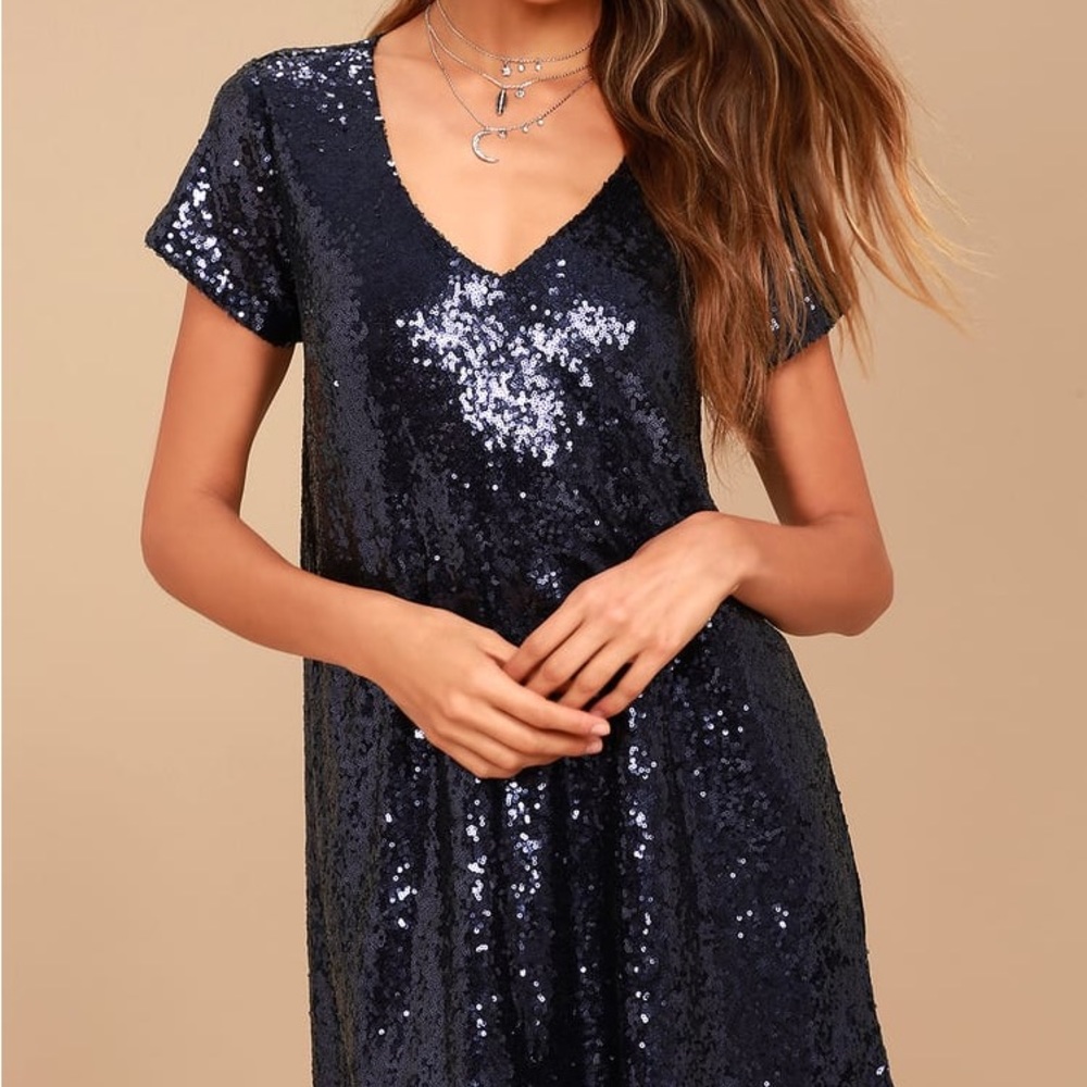 Lulu’s Light Up the Night Navy Blue Sequin Shift Dress